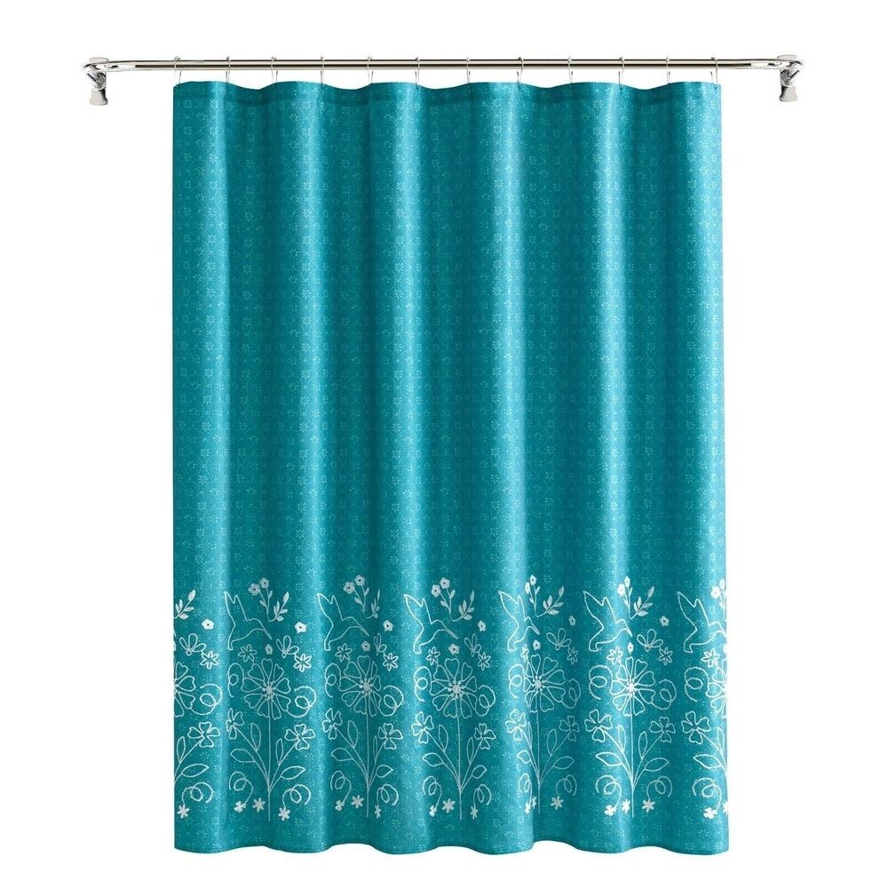 Pioneer Woman Mazie Shower Curtain Embroidered Floral White Teal Blue Bath Gift
